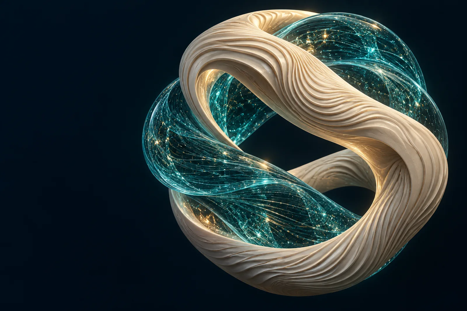 Deux rubans, l’un de matière ivoire et l’autre de lumière turquoise, s’entrelacent en une sculpture.